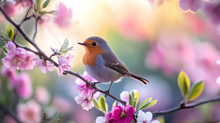 A beautiful bird perches gracefully on a blossoming branch, showcasing vibrant colors against a soft spring background, capturing the essence of nature beauty.の素材
