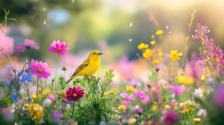 A captivating yellow bird perches gracefully among a vibrant array of flowers in a sunlit meadow, showcasing nature's delicate beauty in springtime.の素材