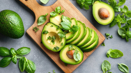 Fresh avocado slices arranged artistically on a wooden board, surrounded by vibrant basil leaves. A perfect representation of healthy and organic ingredients for culinary inspiration.の素材