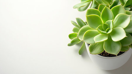 A vibrant green succulent plant in a sleek white pot sits against a soft background. This image captures the beauty of nature in a modern indoor setting.の素材