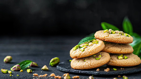 A delightful arrangement of pistachio cookies stacked on a slate plate, surrounded by green leaves and scattered pistachios. Perfect for food photography.の素材