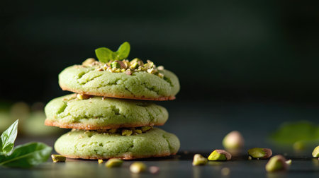 A mouthwatering display of green pistachio cookies, stacked elegantly with nuts on top, set against a rich dark background, ideal for food lovers.の素材