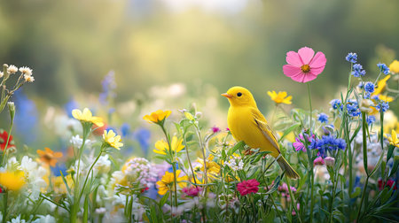 A vibrant yellow bird stands gracefully among a variety of wildflowers, creating a serene and picturesque scene. Perfect for nature lovers and photography enthusiasts.の素材
