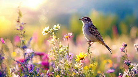 A serene songbird rests on a flower in a vibrant meadow at sunrise, surrounded by colorful wildflowers, capturing the beauty of nature and tranquility.の素材