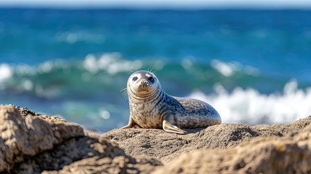 A young seal rests on a rocky surface, gazing curiously at the viewer. The scenic ocean and waves create a tranquil backdrop, embodying the essence of wildlife.の素材