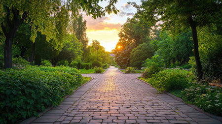 A picturesque scene featuring a cobblestone pathway leading through a lush green park at sunset, with vibrant colors and serene ambiance perfect for nature lovers.の素材