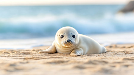 A charming seal pup rests on the warm sandy beach, overlooking gentle ocean waves. This serene moment captures the beauty of wildlife in its natural habitat.の素材