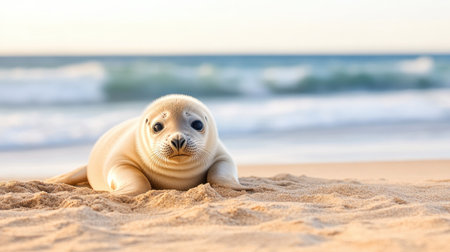 A young seal relaxes on a sandy beach as ocean waves gently crash in the background. The scene captures the serene essence of nature and wildlife.の素材