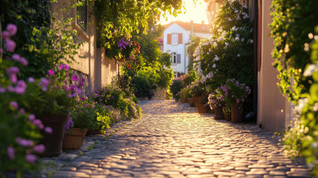 A serene cobblestone street adorned with vibrant flowers and lush greenery. The golden sunlight creates a warm and inviting atmosphere, perfect for leisurely strolls.の素材