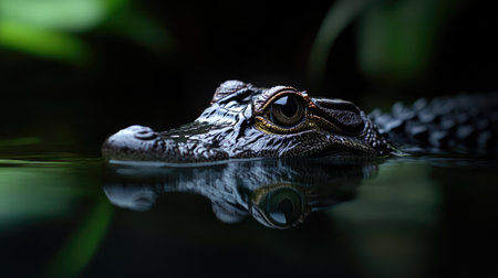 A striking close-up of a crocodile's head peering out from dark waters, showcasing its sharp eyes and intricate textures, evoking a sense of mystery in nature.の素材