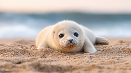 A young seal rests on a sandy beach, showcasing its adorable features while surrounded by gentle ocean waves, symbolizing tranquility in nature.の素材