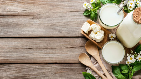 A delightful arrangement of fresh milk and dairy products on a rustic wooden table. Surrounded by flowers, this scene captures the essence of natural, healthy living.の素材