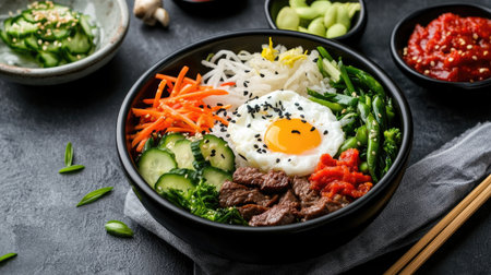 This vibrant Korean Bibimbap bowl features fresh vegetables, a sunny-side-up egg, and savory beef, creating a delicious and nutritious meal, perfect for any time of the day.の素材