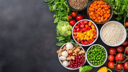 A vibrant arrangement of fresh organic vegetables and ingredients perfect for healthy cooking. This overhead shot showcases colorful produce ideal for nutritious meal preparation.の素材