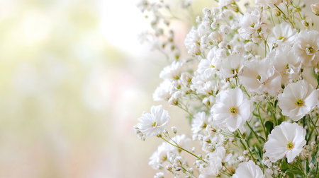 A stunning display of white flowers complemented by delicate greenery, set against a soft background. This image captures the essence of freshness and tranquility in nature.の素材