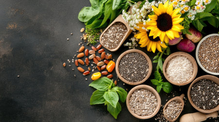 A vibrant assortment of seeds, fresh herbs, and colorful flowers arranged beautifully on a dark surface, perfect for gardening or culinary themes.の素材