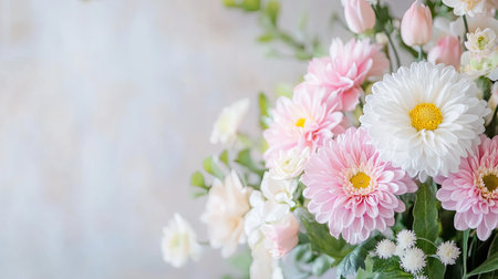 A stunning arrangement of fresh pink and white flowers creates an elegant display. Soft light enhances the beauty, making it perfect for decoration or celebration.の素材