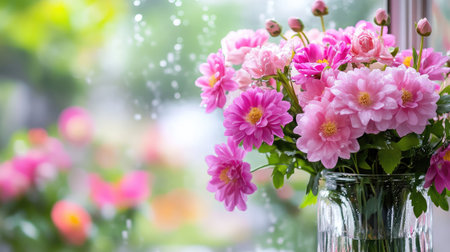 A stunning arrangement of vibrant pink flowers in a glass vase sits by a rainy window, creating a serene atmosphere filled with beauty and tranquility.の素材