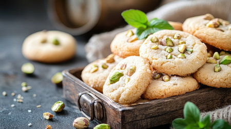 A delightful arrangement of freshly baked cookies with pistachios on a rustic wooden table. Perfect for showcasing culinary creativity and indulgence.の素材