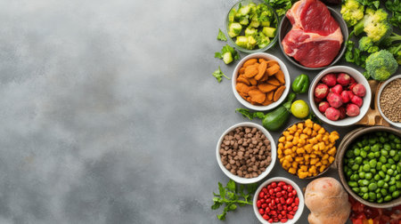 Diverse array of fresh ingredients including vegetables, fruits, and meat arranged artistically on a gray surface, perfect for nutritious meal preparation.の素材