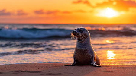 A captivating seal rests thoughtfully on a sandy beach as the sun sets. The gentle waves create a serene backdrop, perfect for nature lovers and animal enthusiasts.の素材