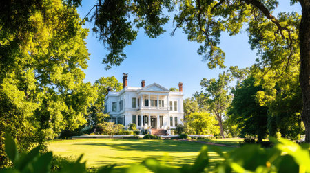 Beautiful southern mansion stands elegantly in a lush green landscape, showcasing stunning architecture and serene surroundings under a clear blue sky.の素材