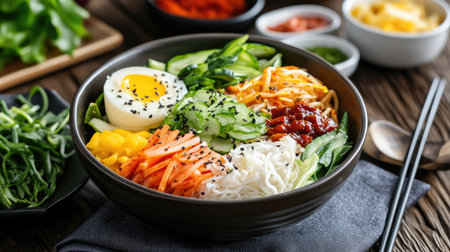 A vibrant bibimbap bowl featuring colorful vegetables, a perfectly cooked egg, and fresh ingredients. Ideal for showcasing healthy Asian cuisine.の素材
