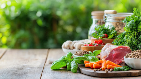 A vibrant display of fresh ingredients, including meat, vegetables, and herbs, ready for healthy cooking. Perfect for culinary inspiration and recipes.の素材