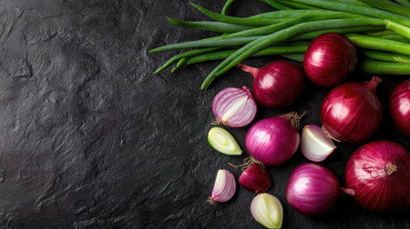 A vibrant display of fresh red onions and green onions arranged on a dark slate surface. Ideal for culinary, cooking, or healthy eating themes.の素材