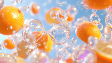 A vibrant scene featuring oranges and bubbles suspended in clear water, creating a refreshing and uplifting atmosphere ideal for beverage or fruit themes.の素材