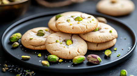 A visually appealing close-up of freshly baked cookies adorned with pistachios, showcasing a delightful and inviting snack perfect for any occasion.の素材