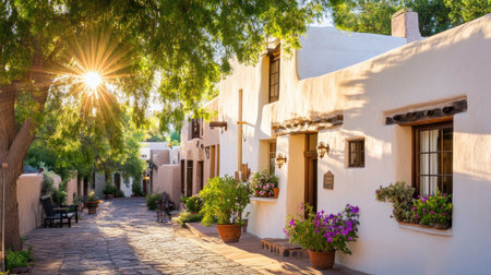 A picturesque scene featuring charming adobe homes adorned with colorful flowers, set in a peaceful ambiance under warm evening sunlight. Perfect for travel themes.の素材