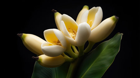 A stunning close-up of a tropical banana blossom showcasing bright yellow petals and lush green leaves. Perfect for nature and floral enthusiasts.の素材