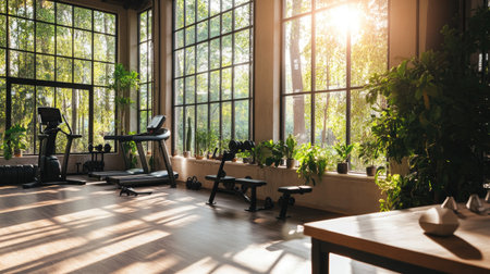 A serene indoor gym bathed in warm sunlight, featuring workout equipment and lush green plants. This harmonious space invites fitness and wellness in a natural atmosphere.の素材