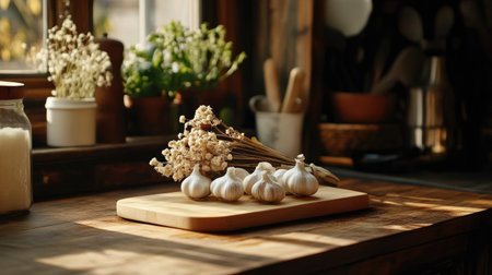 A charming kitchen scene featuring fresh garlic and delicate dried flowers arranged on a wooden cutting board. The natural light enhances the rustic decor, creating a warm and inviting atmosphere perfect for culinary inspiration.の素材