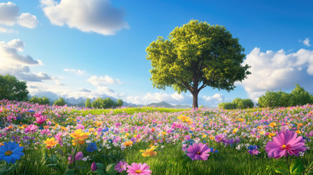 A picturesque landscape showcasing a vibrant meadow filled with colorful flowers under a bright blue sky, creating a serene and peaceful atmosphere.の素材