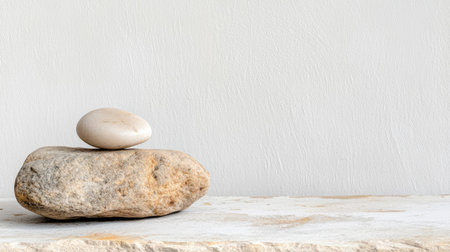 A peaceful composition of smooth pebbles resting on a rustic stone surface, ideal for conveying themes of balance, tranquility, and minimalist design.の素材
