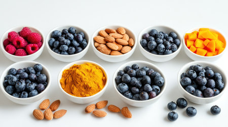 A visually appealing display of fresh fruits and spices in white bowls, showcasing blueberries, raspberries, almonds, mango, and turmeric. Perfect for healthy recipes.の素材