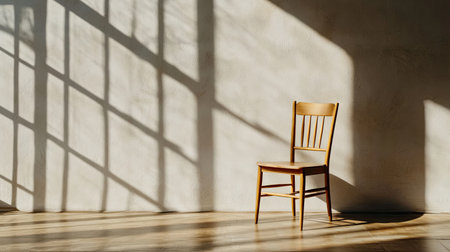 A minimalist wooden chair rests on a sunlit floor, casting intricate shadows on the wall. This scene evokes feelings of calm and tranquility, perfect for home decor inspiration.の素材
