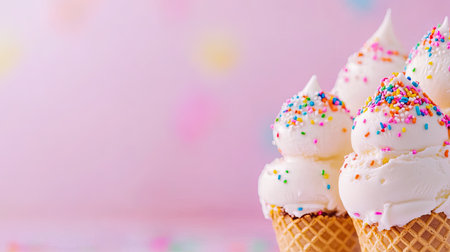 Delight in the creamy goodness of ice cream cones topped with vibrant sprinkles, set against a soft pink background, perfect for summer treats and celebrations.の素材