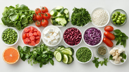 A colorful arrangement of fresh vegetables and ingredients ideal for healthy cooking. Perfect for promoting nutrition and vibrant meal prep in culinary settings.の素材