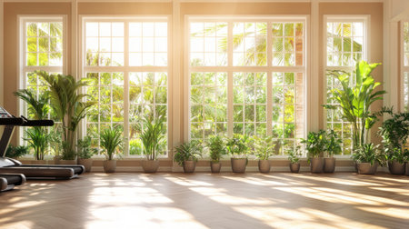 This image showcases a bright indoor space filled with lush plants and large windows allowing natural light. Ideal for wellness, fitness, and interior design themes.の素材