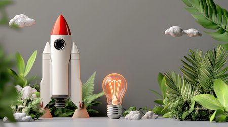 A creative rocket model stands next to a glowing light bulb, surrounded by lush greenery. This image embodies innovation and inspiration in a serene, nature-inspired setting.の素材