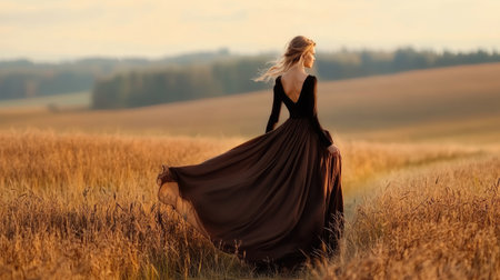 A graceful woman twirls in a long brown dress, surrounded by golden wheat fields under a warm sunset. The scene radiates tranquility and beauty.の素材