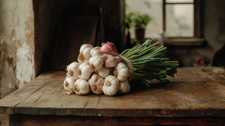 A fresh bunch of garlic sits elegantly on a rustic wooden table, surrounded by a natural background, perfect for culinary inspiration and healthy cooking.の素材