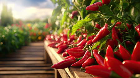 A close-up view of vibrant red chili peppers growing in a lush garden, basking in soft sunlight. The scene captures the essence of organic farming and fresh produce.の素材