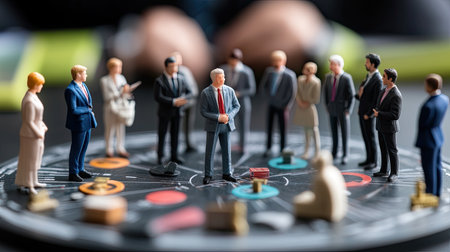 A vivid composition depicting miniature figures representing business strategy and decision-making. The scene illustrates teamwork and planning in a corporate environment.の素材
