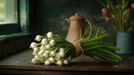 A beautifully arranged bunch of fresh green onions sits on a rustic wooden table. Natural light enhances the vibrant colors, ideal for culinary and lifestyle themes.の素材