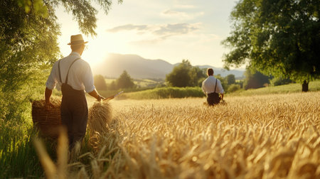 Two farmers walk through a golden wheat field during sunset, evoking a sense of tranquility and connection to nature. The scenic landscape captures the essence of rural life.の素材