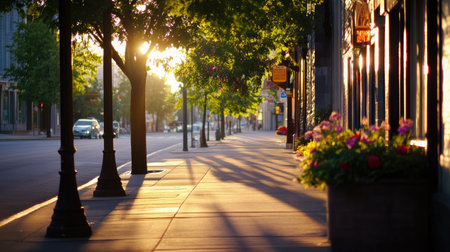 A serene urban sidewalk bathed in warm morning light, featuring lush green trees and vibrant flowers that create an inviting atmosphere for leisurely strolls.の素材